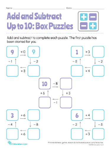 Add and Subtract Up to 10: Box Puzzles