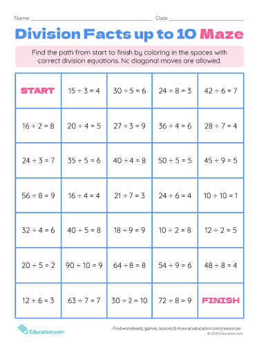 Division Facts up to 10 Maze