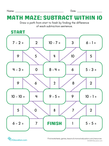 Math Maze: Subtract Within 10