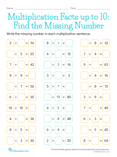 Multiplication Facts to 10: Find the Missing Number
