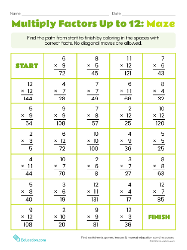 Multiply Factors Up to 12: Maze