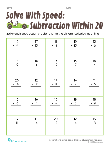 Solve With Speed: Subtraction to 20