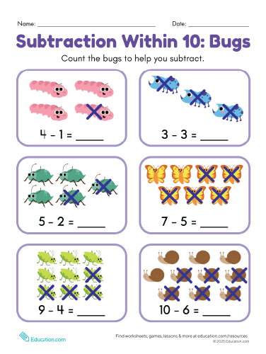 Subtraction Within 10: Subtracting Bugs