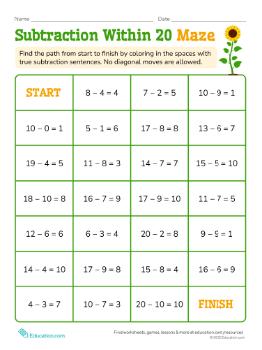 Subtraction Within 20 Maze
