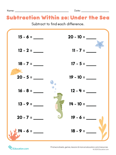 Subtraction Within 20: Under the Sea