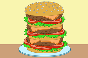 A triple decker hamburger with extra meat, buns, and vegetables.