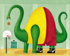 A giant dinosaur shoots a basketball.