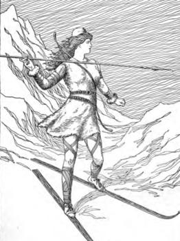A young woman is standing in front of a tall mountain. She has a pair of skis for snow on her feet. She is holding a spear and carrying a bow and some arrows.