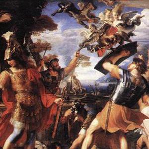 A group of soldiers with armor and shields is looking up at the sky. In the sky, there are several creatures flying. They have bird bodies, but human heads. They are flying toward the soldiers with angry expressions on their faces.