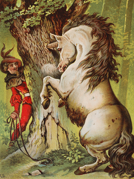 A large unicorn is standing on its hind legs. Its front hooves are up in the air, and its horn is stuck in a tree trunk. A man is hiding behind the tree trunk, looking at the unicorn with wide eyes.