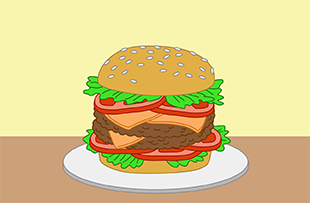 A hamburger with two pieces of meat.