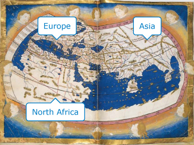 A world map made in 1467. Only Europe, Asia, and North Africa, and an area representing the Middle East are depicted.