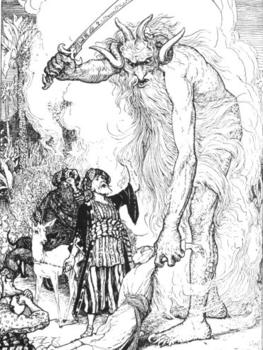 A large creature with horns and a beard is looking angrily down at four people. The creature is holding a sword in one of its hands. It uses its other hand to grab one of the people by the arm.