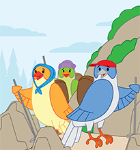 Three birds wearing hats and holding hiking poles stand on a mountain.