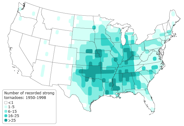 A map showing the number of recorded strong tornadoes across the United States from 1950-1998. Some regions had less than 1 tornado, some regions had 1-5 tornadoes, some regions had 6-15 tornadoes, some regions had 16-25 tornadoes, and some regions had more than 25 tornadoes.