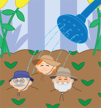 Three people wearing gardening hats are buried up to their heads in a garden. They are getting sprinkled with water from a watering can.