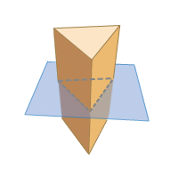 A plane cutting through a triangular prism. The plane is parallel to the triangular bases.