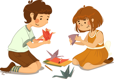 Two children are sitting on the floor. They are folding paper into shapes of animals with wings.