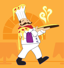A chef with cheese dripping from his hat and uniform carries a pizza.
