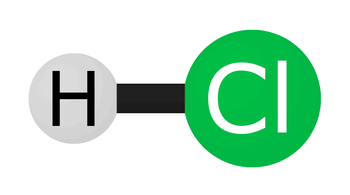 A model of a molecule containing one ball labeled H and one ball labeled Cl.