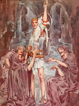 A man is standing tall with his hand held up in the air.  Three old women are sitting or kneeling around him. They are reaching out to touch him with their hands.