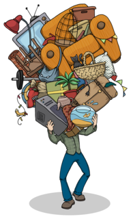 A person is carrying a huge pile of items in his arms. The pile is so big that it is covering the person's head. In the pile, there's a goldfish in a bowl and a cat in a basket. There is also a chair, a lamp, a TV, and several boxes.