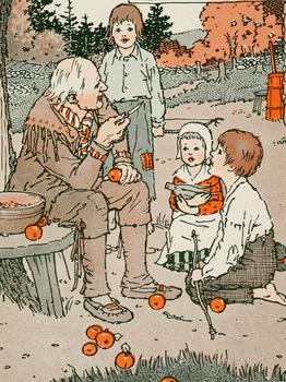 An old man is sitting on a stool beneath a tree. The man is holding an apple, and there are several apples on the ground. Three young children are gathered around the old man. They are listening to him.