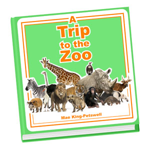 A front cover of a book shows a few different zoo animals. The title is "A Trip to the Zoo".