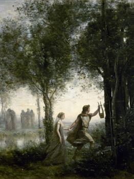 A man is leading a woman through a shadowy forest. He is holding a harp in his left hand.