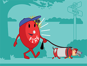 A fire alarm making a loud noise is holding a leash and walking a dog.