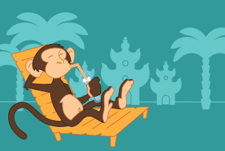 A monkey sipping a drink rests in a lounge chair.