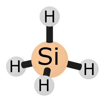 A model of a molecule containing one ball labeled Si and four balls labeled H.
