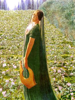 A woman is standing in a sunny field filled with pink flowers. She is wearing a green dress and holding a harp in her left hand.