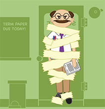 A man holding an essay is covered in tape and stuck to a classroom door.