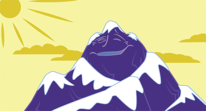 A snowy mountaintop with eyes squints at the sun.