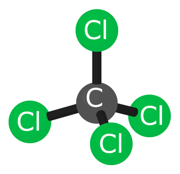 A model of a molecule containing one ball labeled C and four balls labeled Cl.
