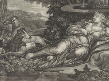 A woman is sleeping next to a stream. Two dogs are lying down beside her.