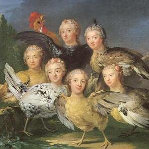 Six creatures are standing in a circle. They have bird bodies, but human heads. Their faces are calm and they are smiling slightly.