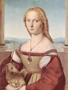 A young woman is sitting calmly and looking off to the side. A small, fluffy, floppy-eared unicorn is curled up in her lap.