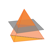 A plane cutting through a triangular pyramid. The plane is parallel to the triangular base.