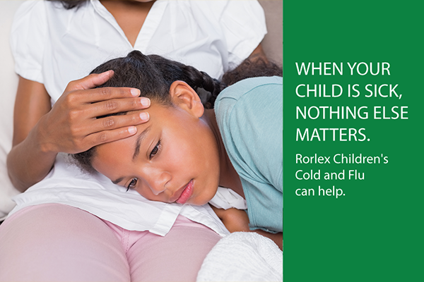A girl lays her head in her mother's lap. The text says, "When your child is sick, nothing else matters. Rorlex Children's Cold and Flu can help."