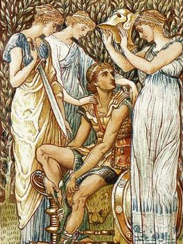 A man is sitting down on a throne. He has a calm expression on his face. Three women are standing around him. One of them is holding a sword, and another is holding a golden helmet.