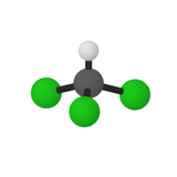 A model of a molecule containing one ball labeled C, one ball labeled H, and three balls labeled Cl.